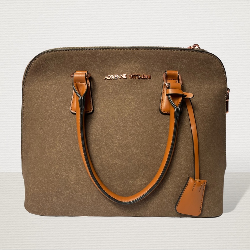Adrienne Vittadini Dome Satchel Brown Faux Suede Vegan Leather Hand Bag Purse